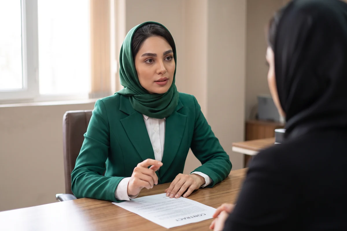 فاطمه پشت میز جلسه، روبهروی طرف قرارداد، در حال پرسیدن