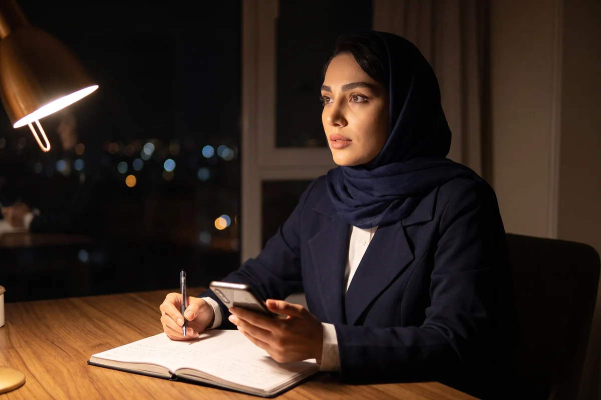 فاطمه شب هنگام، پشت میز خانه، با گوشی در دست و یادداشتی نیمهنوشته