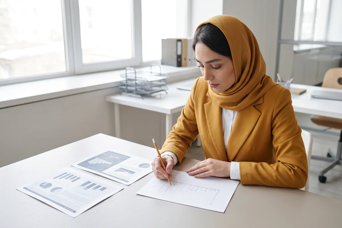 فاطمه با دو نسخهٔ چاپشدهٔ یک گزارش روی میز، در حال طرحزدن نسخهٔ سوم روی کاغذ